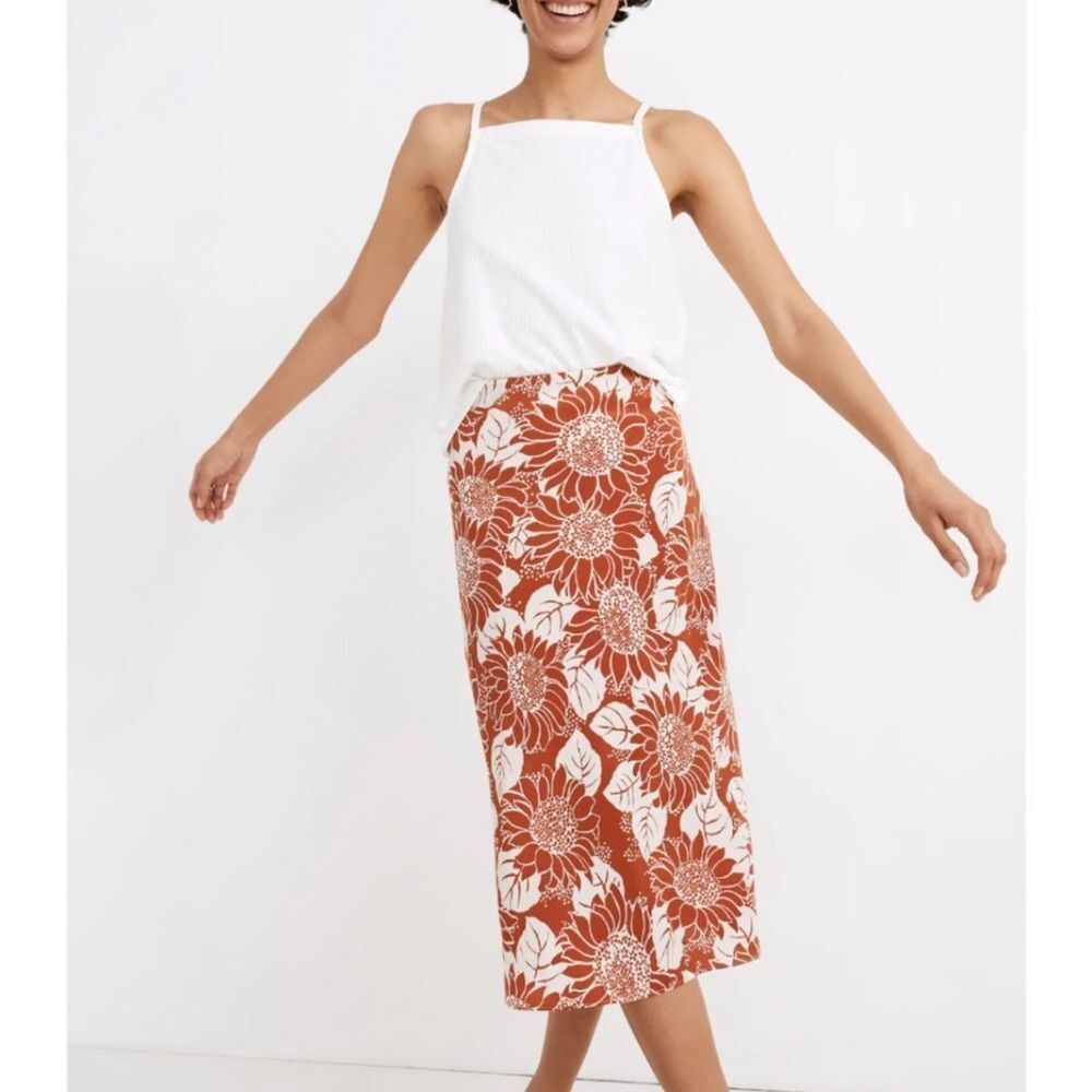 Madewell Silk Midi Slip Skirt in Sunflower Season Size 4 Rust Burgundy Cream